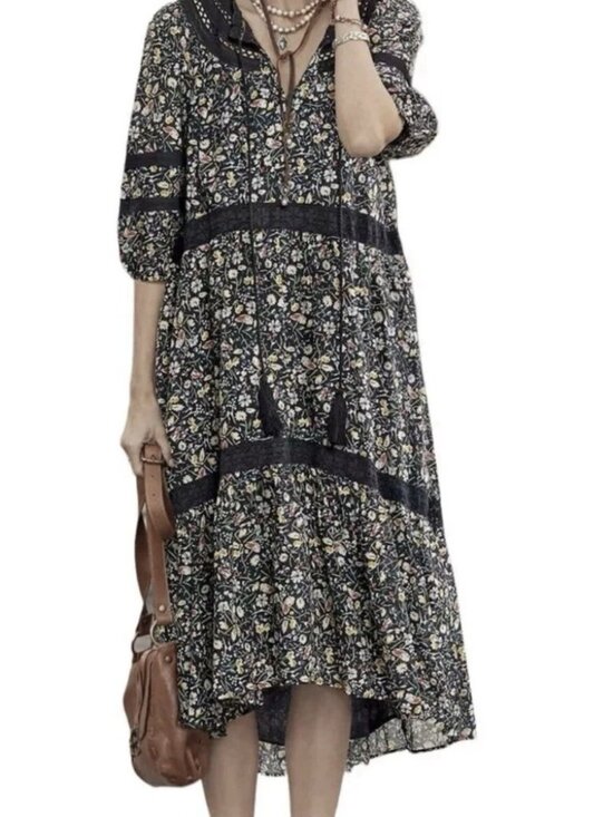 Sundance Dresses & Skirts - Sundance Isadora Blooms prairie black cotton tiered boho midi dress size M